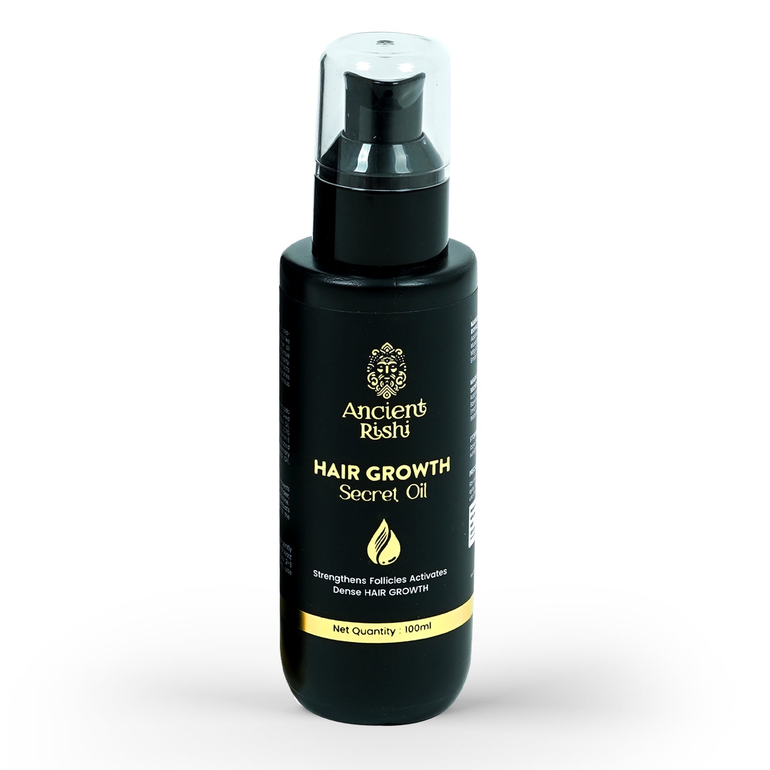 Black bottle of Ancient Rishi Hair Growth Secret Oil on a white background