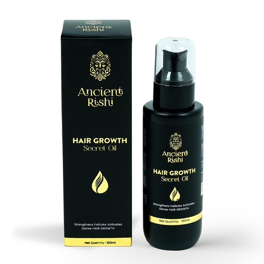 Ancient Rishi Hair Growth Secret Oil packaging and bottle on a white background