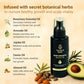 Hair growth secret oil with botanical ingredients and benefits on a beige background