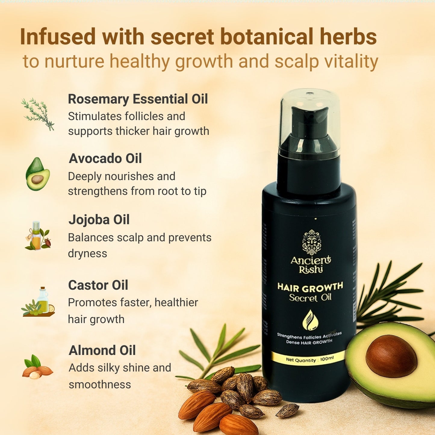 Hair growth secret oil with botanical ingredients and benefits on a beige background