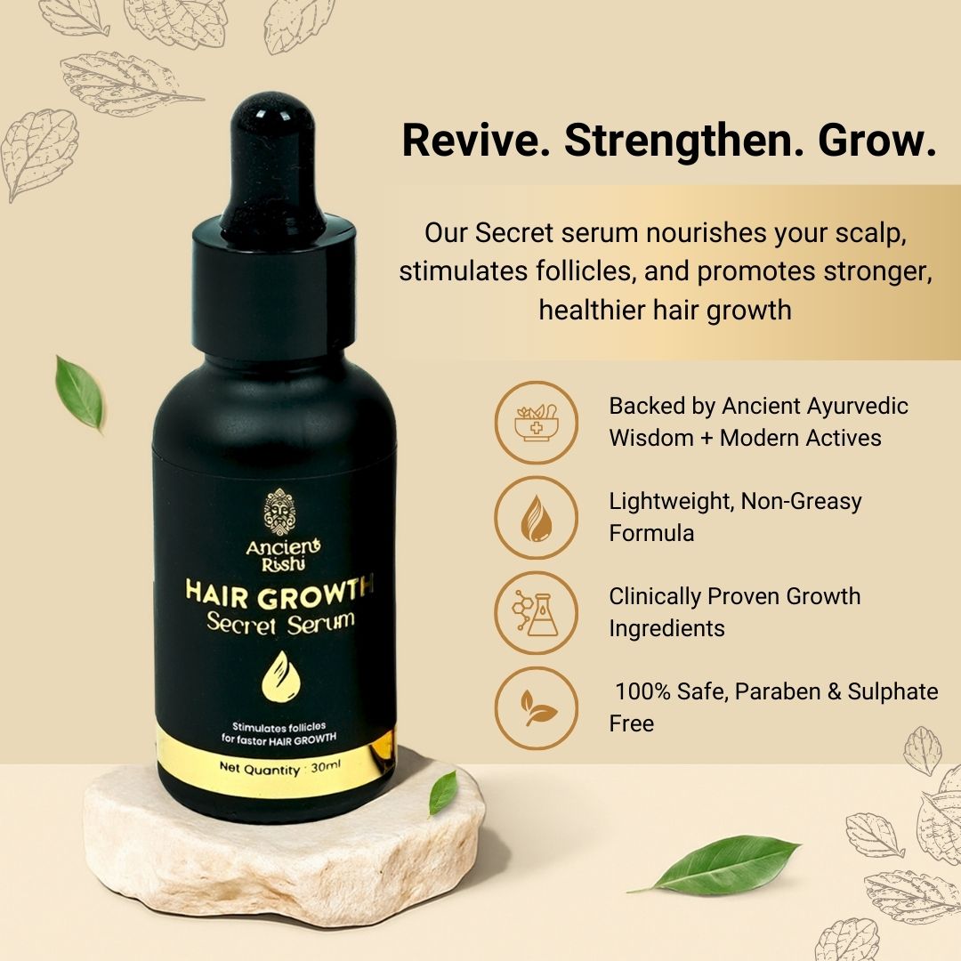 Hair growth serum bottle with dropper on a natural stone base, surrounded by leaves, against a beige background.