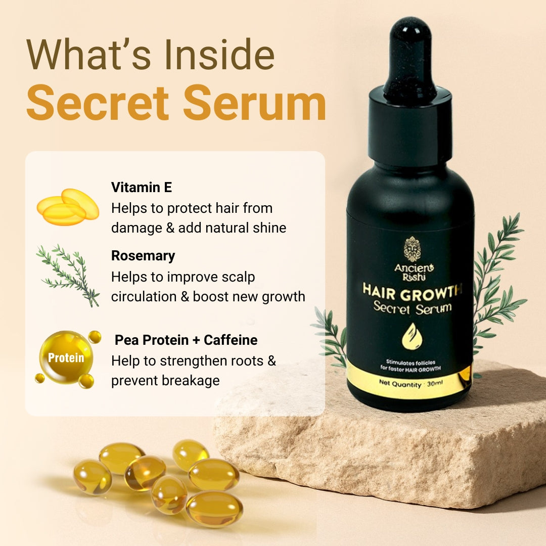 Hair growth serum bottle with ingredients listed on a beige background