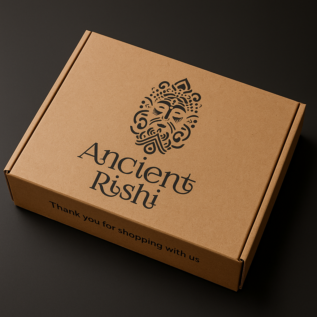 Brown cardboard box with 'Ancient Rishi' logo and text on a dark background mailer box